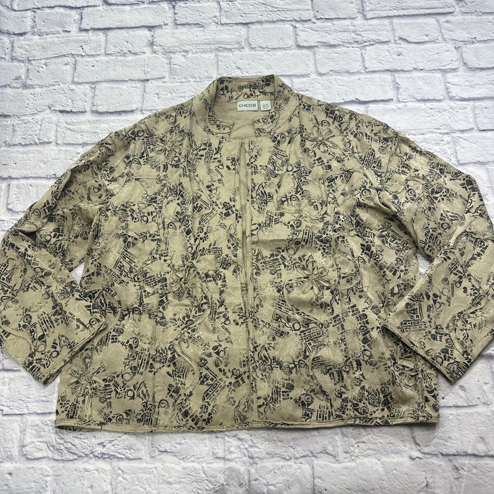 Chicos Silk Linen Open Front Jacket Size 2 Large Beige Black Abstract Floral Art